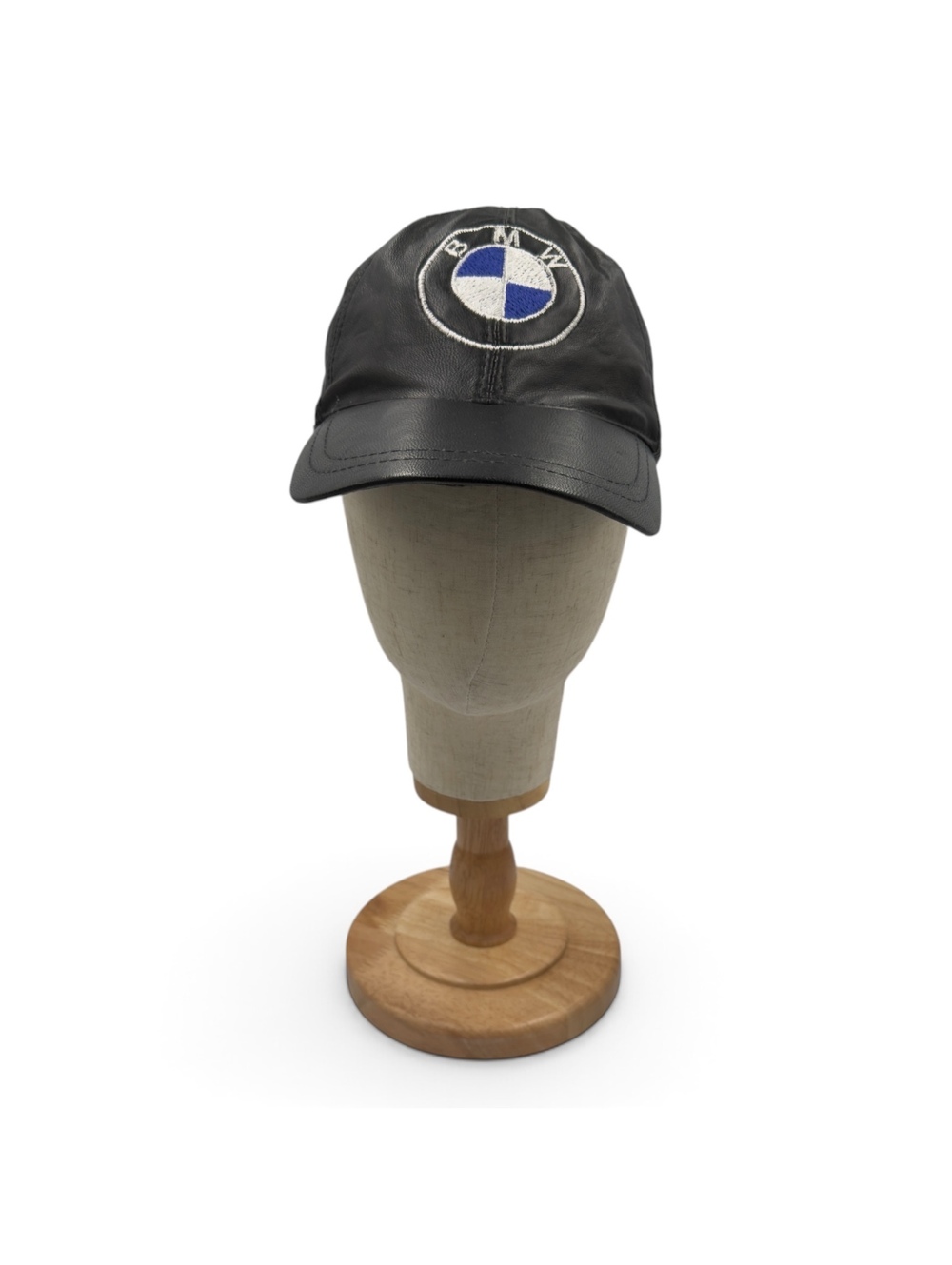 Vintage BMW Black Leather Baseball Cap with Embroidered Logo